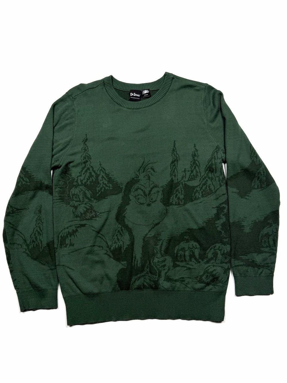 Dr. Seuss The Grinch Green Whoville Graphic Knit Christmas Sweater L